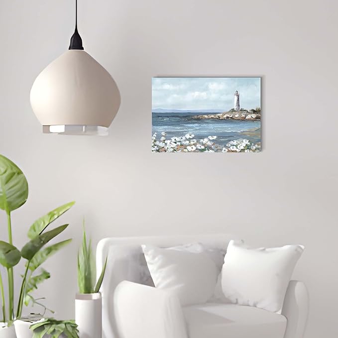 cozy country Lighthouse Wall Art 16"x11" - Coastal Pictures Beach Canvas Ocean Decor - Nautical Artwork Seascape Painting for Bathroom, Bedroom, Sea House-Ruum Studio Home
