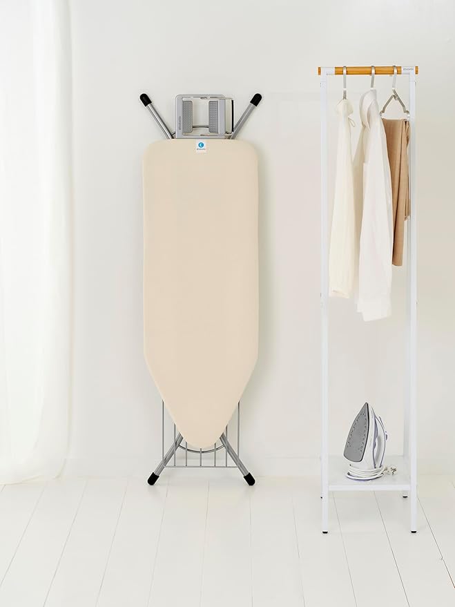 Brabantia Size C Ironing Board (49 x 18in) 7 Height Options, Adjustable Steam Iron Rest Holder & Linen Rack (Ecru) Non-Slip Feet, Anti-Collapse Child Locks-Ruum Studio Home