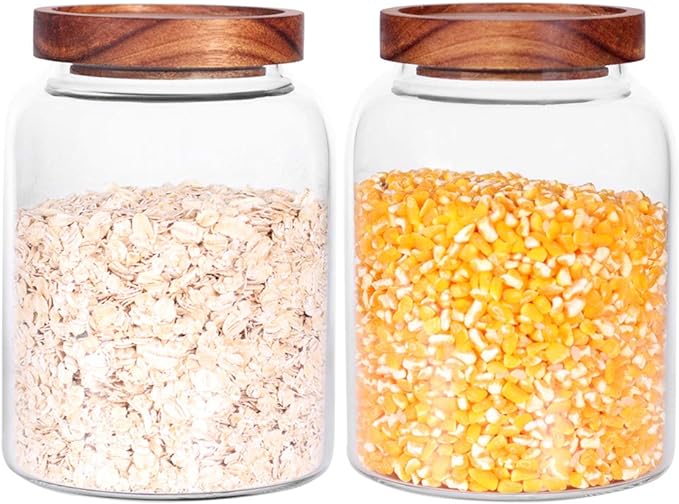 Glass Storage Jars with Airtight Lids, Set of 2 42 FL OZ (1250ml) coffee container with Wooden Lid, Glass Pantry Canister for Beans, Rice, Sugar and etc (6.3 inch high)-Ruum Studio Home
