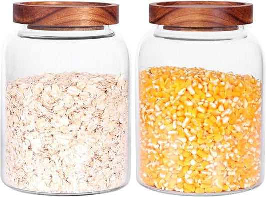 Glass Storage Jars with Airtight Lids, Set of 2 42 FL OZ (1250ml) coffee container with Wooden Lid, Glass Pantry Canister for Beans, Rice, Sugar and etc (6.3 inch high)-Ruum Studio Home