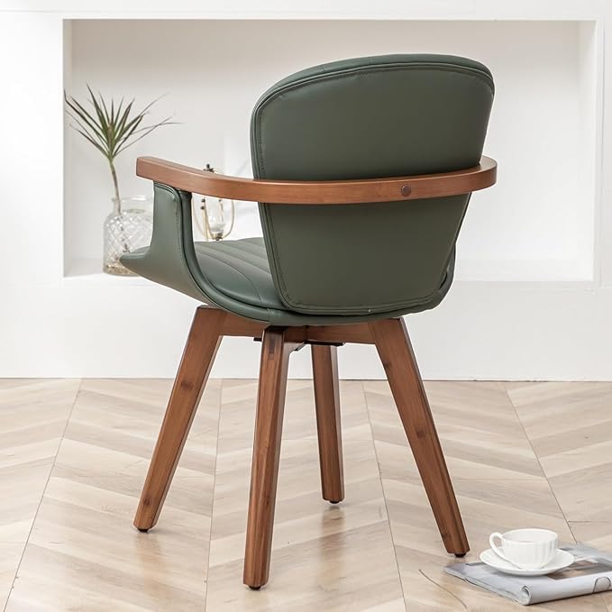 LUNLING Swivel Dining Chairs, Mid Century Modern Green Faux Leather Kitchen Chairs with Arms,Bamboo Legs Side Chairs No Wheels,Accent Chair for Dining Rooms and Offices,1PCS-Ruum Studio Home