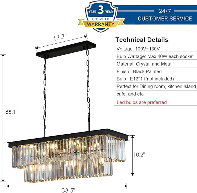 Crystal Chandeliers for Dining Room 11-Light Black Modern Chandelier Rectangle Contemporary Pendant Light Fixture for Kitchen Island Bar L33.5 Inch-Ruum Studio Home