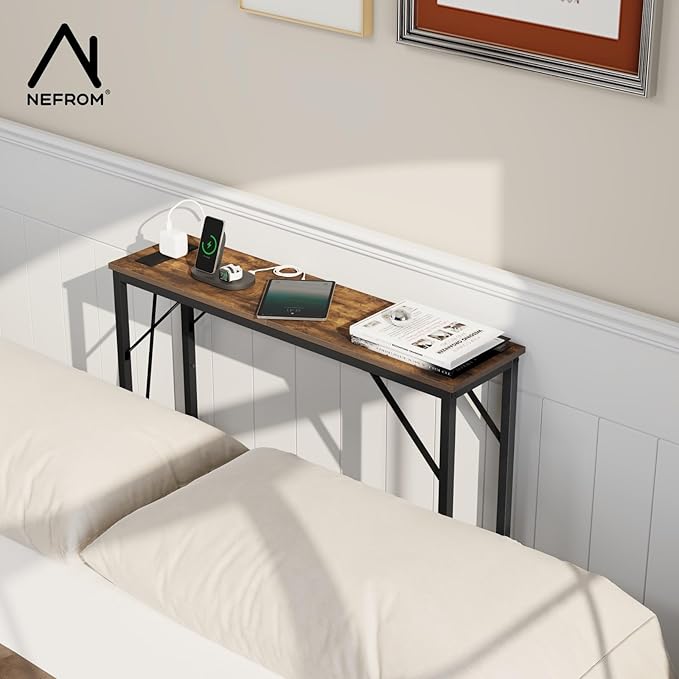 31.5‘’ Console Table, Skinny Entryway Table with Fast-Charging Station, Narrow Long Sofa Table, Behind Slim Couch Table for Entrance, Hallway, Living Room Decor ST-BR80-1-Ruum Studio Home