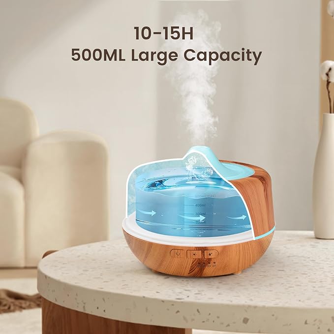 500ml Essential Oil Diffuser with 10 Scented Essential Oils,Wood Grain Ultrasonic Oil Diffuser,Aromatherapy Diffuser with Remote Control,Timer,7 Colors Light,2 Mist Modes for Large Room Office,Yellow-Ruum Studio Home