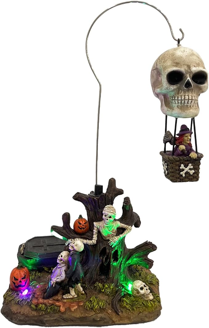 Animated Skull Balloon Ride Halloween Figurine | Spooky Town Collection Accessories with Multi-Color LED, Motion and Sound | 14.13 Inch-Ruum Studio Home