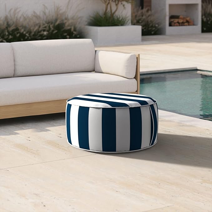 Inflatable Ottoman Stool D21 xH9 for Outdoor/Indoor Use, Water Repellent Patio Foot Rest Stool with Portable Handle,Round Pouf Ottoman Suitable for Garden,Deck and Camping - Cabana Navy-Ruum Studio Home