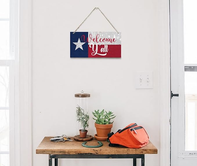 Welcome Y'all Decor Sign, Hanging Wood Sign Home Decorative, Printed Wood Wall Art Sign, Wooden Hanging Sign, Texas Flag Welcome Door Hanger, Welcome Sign for Front Door, Farmhouse Porch Decor 12*6in-Ruum Studio Home