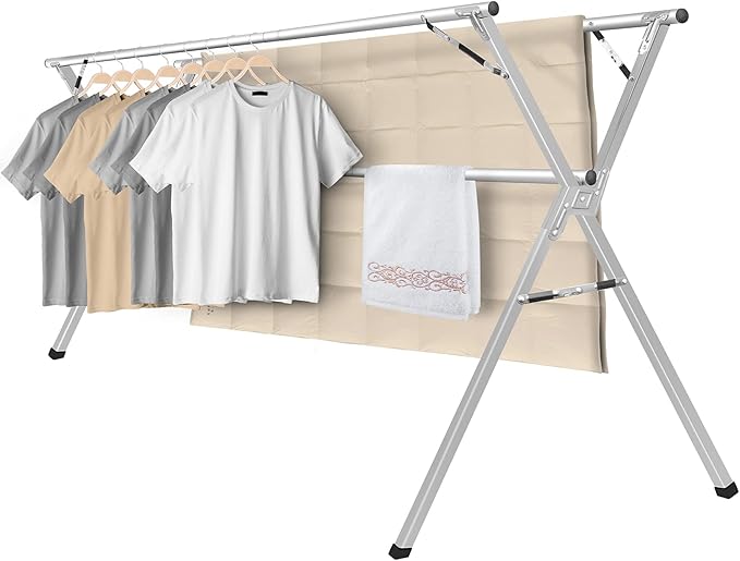 Sillars Clothes Drying Rack, 63 inches Laundry Drying Rack Clothing Foldable & Collapsible Stainless Steel Heavy Duty Clothing Drying Rack with Windproof Hooks for Indoor Outdoor-Ruum Studio Home