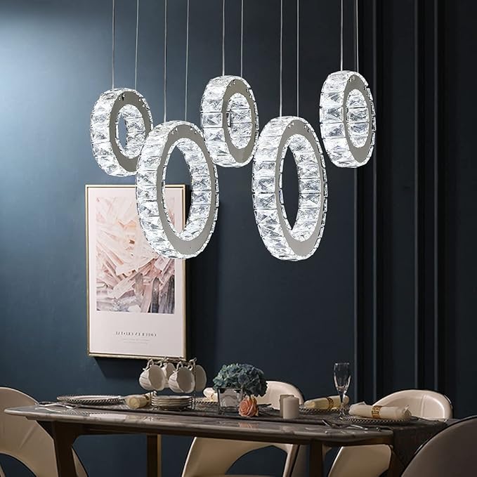 Buccleuch Modern Crystal Chandelier, Dimmable LED Ceiling Light Fixture 5-Ring Adjustable Stainless Steel Pendant Light, Silver Crystal Chandeliers for Dining Room, Bedroom, Living Room - Cool White-Ruum Studio Home