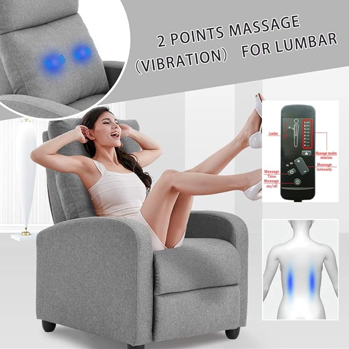 BestMassage | Recliner Chair | with 2 Point Massage Function | Textile Grey | with Lumbar Support, Adjustable Push Back, Footrest & Padded Seat | Easy Assembly | for Living Room, Home Theatre-Ruum Studio Home