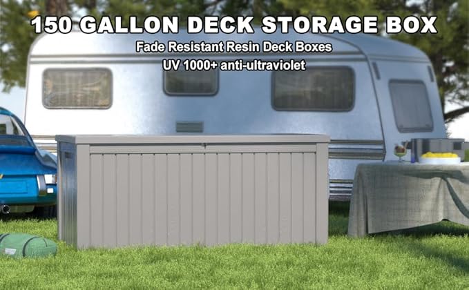 150 Gallon Outdoor Deck Box,Storage Lockable Waterproof Patio Furniture,Garden Tools,Cushions,Pool Accessories Outside Storage Resin Box(Grey)-Ruum Studio Home