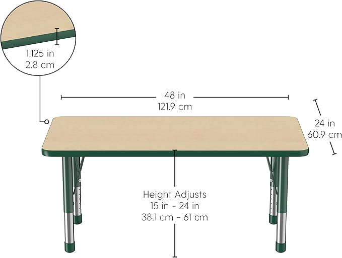 FDP Rectangle Activity School and Kids Classroom Table (24 x 48 inch), Toddler Legs, Adjustable Height 15-24 inches - Maple Top and Green Edge-Ruum Studio Home