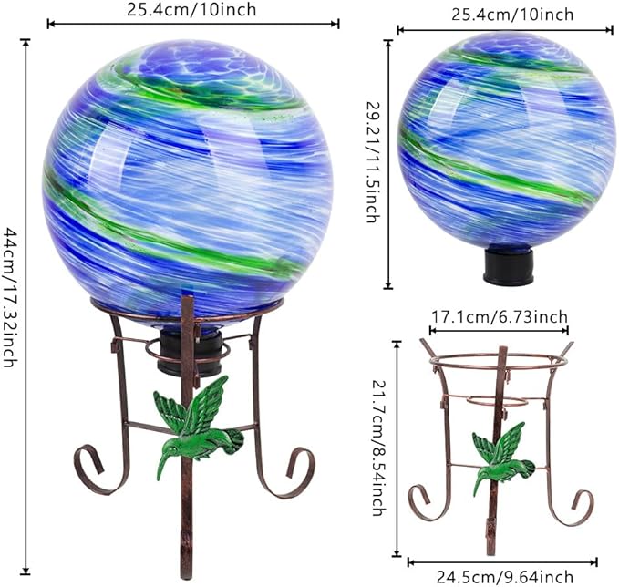 10" Diameter Gazing Ball with 8.5" Hummingbird Metal Stand Outdoor Garden Decor,Glass Globe Sphere Yard Art Decorations Outdoor,Glass Gazing Balls for Garden,Home,Lawn,Patio,Porch(Blue)-Ruum Studio Home