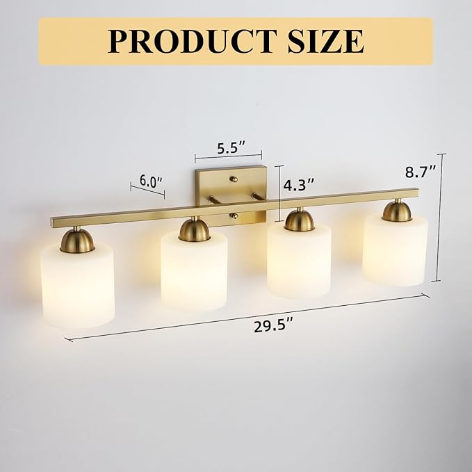 Stainless Steel Milk Glass Vanity Lights for Bathroom, 4 Light Gold Bathroom Light Fixtures Over Mirror, Ceramic E26 Sockets Wall Mounted-Ruum Studio Home