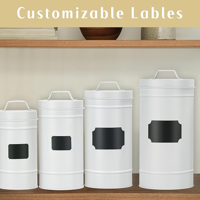 Farmhouse Canister Set for Kitchen Countertop, Airtight Nesting Kitchen Canisters Set of 4, Mental Flour Sugar Coffee Tea Storage Canister Jars, Vintage Country Design, White-Ruum Studio Home