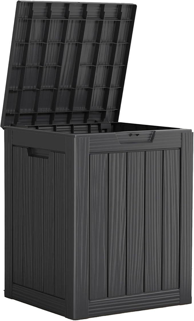 28 Gallon Outdoor Storage Box, Waterproof Durable Resin Deck Box for Indoor & Outdoor Use, Lockable Outdoor Bench, Deck Bin for Patio Furniture, Deliveries, Pool Supplies, Black-Ruum Studio Home
