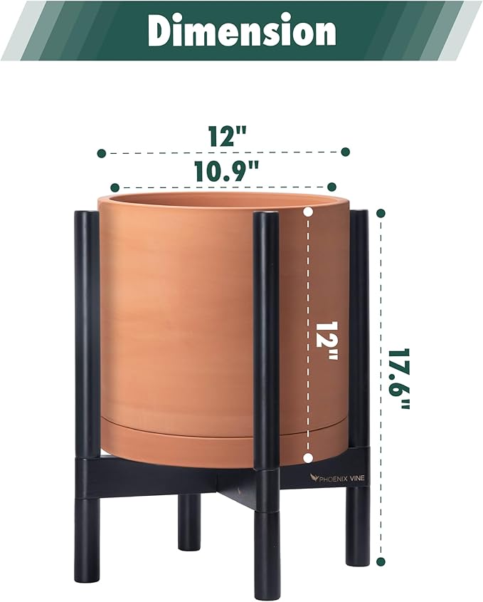 D'vine Dev Terracotta Planter with Ebony Stand - 12 Inch Modern Round Flower Pot with Wood Planter Holder, Terracotta, 55-B-H-5-Ruum Studio Home