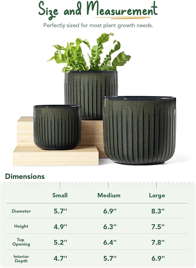 LE TAUCI Fluted Ceramic Planters Set of 3 – 8.3/7 / 5.7 in Dark Olive Reactive Cylinder Indoor Plant Pots with Drainage Plug & Mesh, Glossy Stoneware Flower Pots for Succulents Herbs-Ruum Studio Home