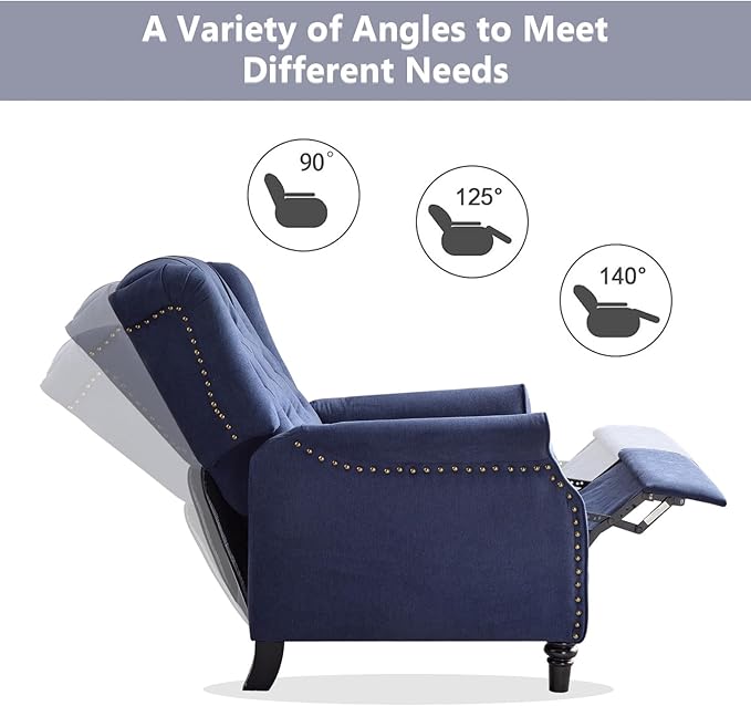CANMOV Push Back Recliner Chair,Accent Chair, Mid Century Wingback Recliner, Fabric Push Back Recliner Chair Single Armchair Sofa with Rivet Decoration, Button-Tufted Back for Living Room,Dark Blue-Ruum Studio Home
