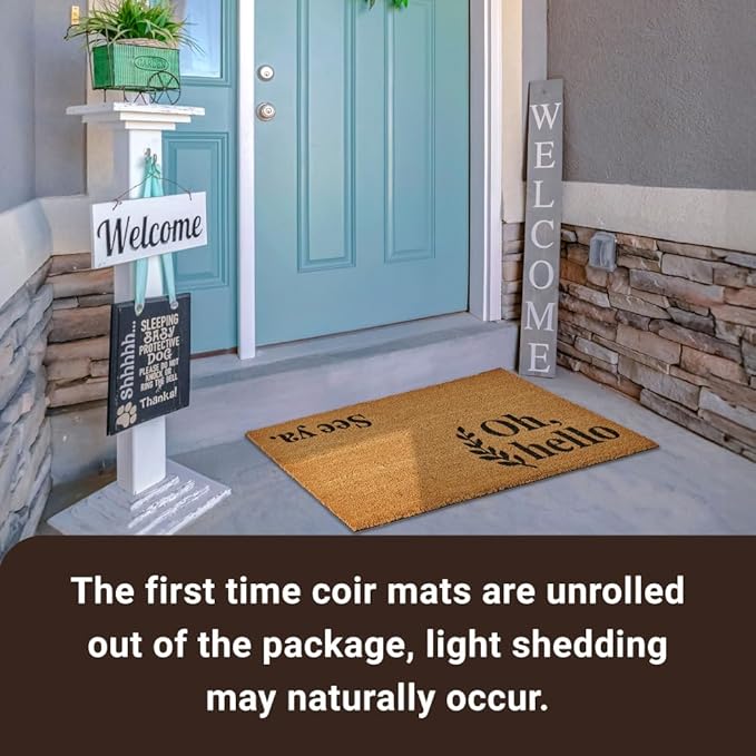 KANKUN Coco Coir Door Mat with Heavy Duty Backing, Welcome Doormat (17" x 30"), Doormat Entrance (Oh Hello)-Ruum Studio Home