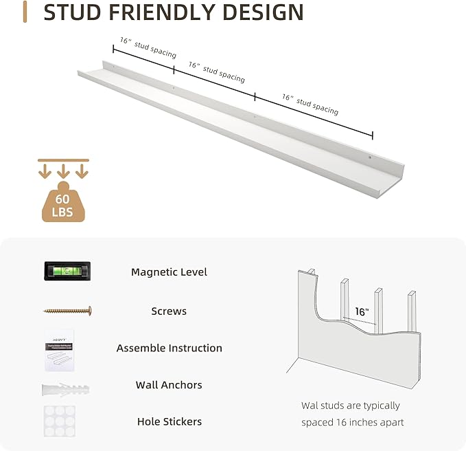 Picture Ledge Shelf, Wood Long Floating Shelves for Wall, Set of 2, 56 inch Picture Ledge Shelves, Photo Ledge Nursery Book Shelves Wall Mounted for Living Room Kids' Room Bedroom, Color White-Ruum Studio Home