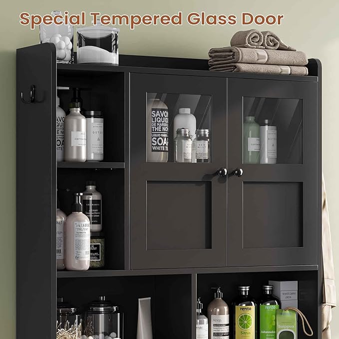 Itaar Over The Toilet Storage Cabinet, Over Toilet Bathroom Organizer with Glass Doors & Toilet Paper Holder Stand, Home Space-Saving Toilet Rack, for Bathroom, Restroom, Laundry(Black)-Ruum Studio Home