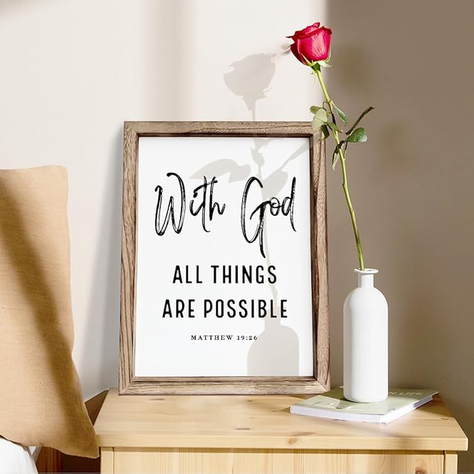 Christian Wooden Wall Signs, Religious Home Decor, Farmhouse Decor for Home Office, Christian Gift, Hanging Framed Wall Plaque 15 * 11.5 inches, With God All Things are Possible Sign-Ruum Studio Home