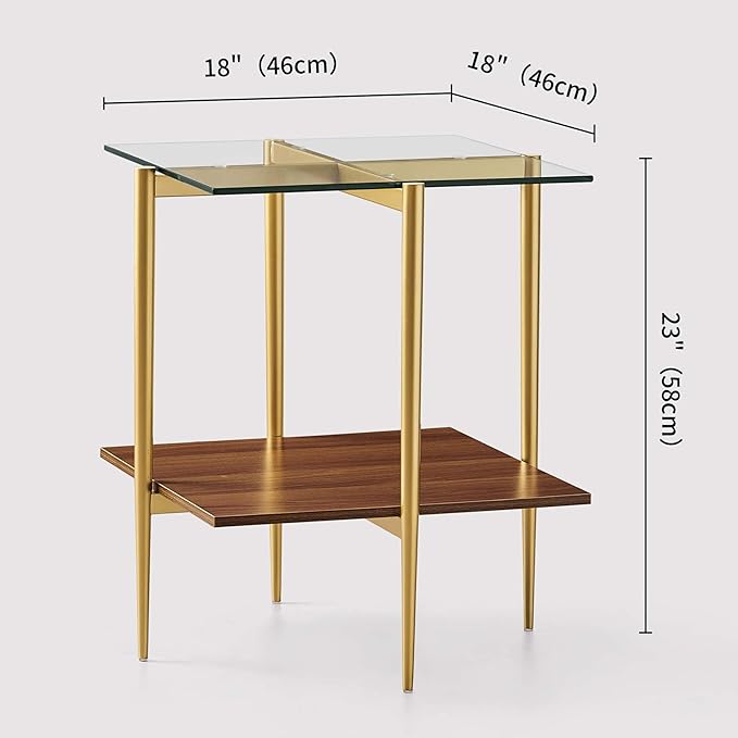 Glass End Table, Mid-Century Modern Design Sofa Table, for Living Room, 2-Tier Structure, Clear Glass Top and Walnut MDF Shelf, Sleek Conical Metal Legs with Gold Finish Frame-Ruum Studio Home