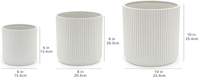 Amazon Basics Assorted Sizes Fluted Ceramic Round Indoor Outdoor Planters with Drainage, Set of 3, Modern Design, 6 inch, 8 inch, 10 inch, White-Ruum Studio Home