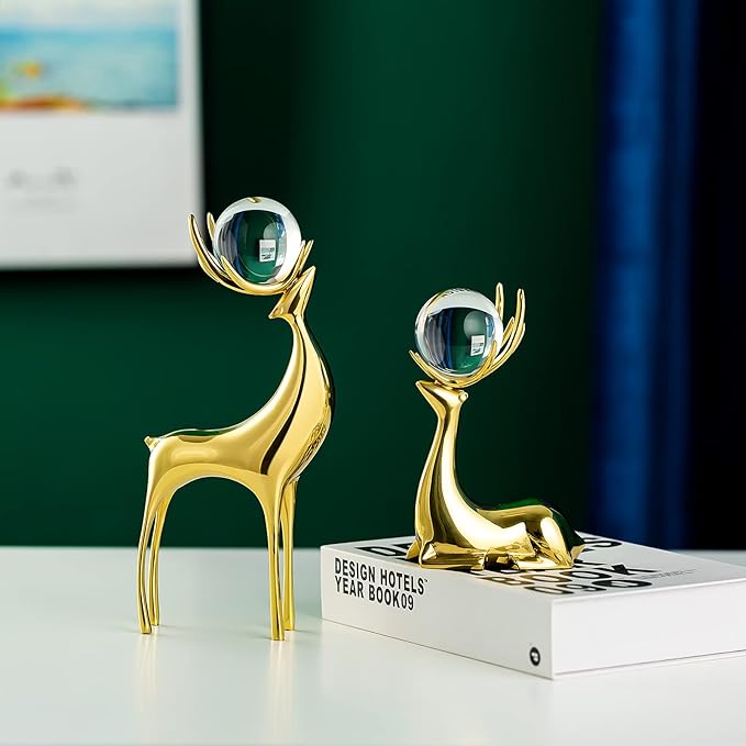 Sziqiqi Brass Reindeer Sculptures Animal Figurine Statues Christmas Deer Pure Copper Heavy Reindeer Ornaments for Home Decor Accents Living Room Office Bookself Tabletop Mantle Decoration-Ruum Studio Home