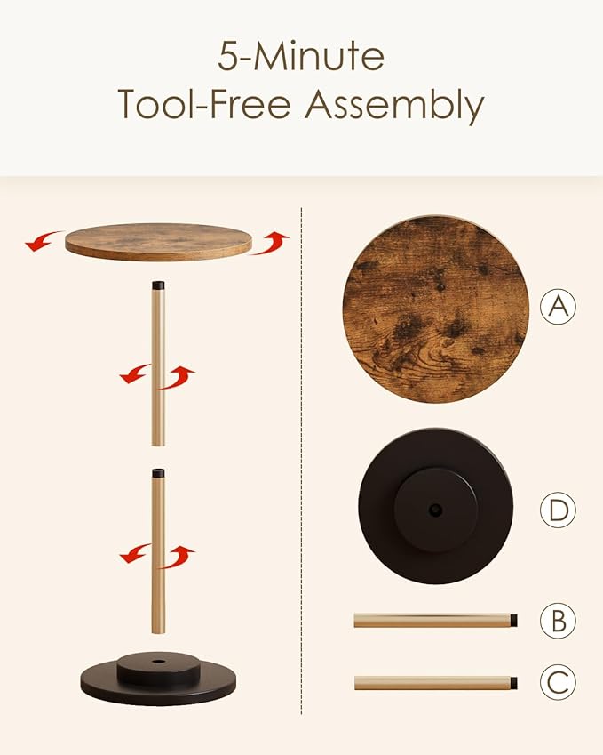 Masupu Drink Table, Round Side Table for Small Spaces, Pedestal Small End Table with Metal Base, for Living Room, Bedroom, Bathroom, Rustic Brown-Ruum Studio Home