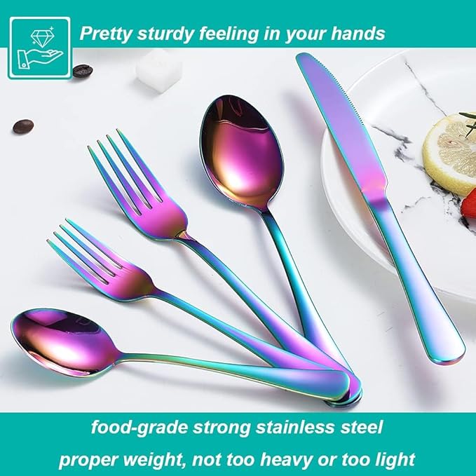 30 Pcs Rainbow Silverware Set for 6, Food Grade Stainless Steel Flatware Set, Eating Utensils Sets Include Fork/Knife/Spoon,Home Kitchen Tableware Set, Reusable Cutlery Set, Dishwasher Safe-Ruum Studio Home