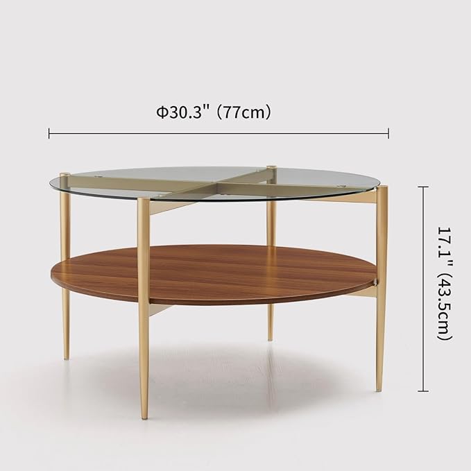 Round Coffee Table, Mid-Century Modern Design, D30“ x H17”, for Living Room, 2-Tier Structure, Clear Glass Top and Walnut MDF Shelf, Sleek Conical Metal Legs with Gold Finish-Ruum Studio Home