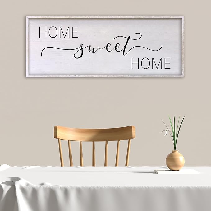 Home Sweet Home Sign Wall Decor 40"x15" Above Bed Living Room Large Wooden Framed Family Plaques Art (White)-Ruum Studio Home