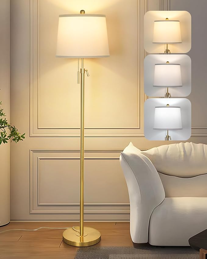 Gold Floor Lamp for Living Room, Tall Standing Lamp 55-65" Adjustable Modern Brass Floor Lamps for Bedroom Reading Office Kids 3 Color Lights Corner Night Stand (9W LED Bulb, White Shade)-Ruum Studio Home
