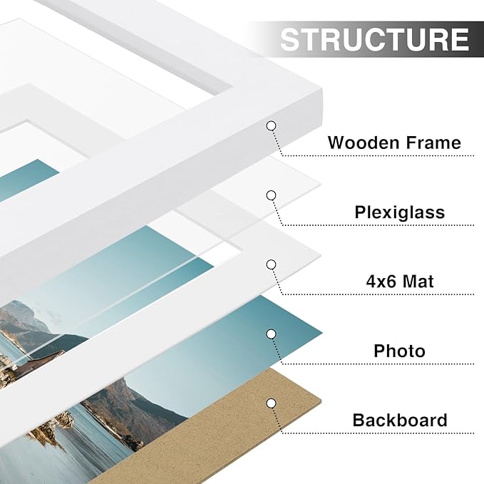 Vittanly 5x7 Picture Frames Set of 9, Shatter Resistant Plexiglass, Display 4x6 Pictures with Mat or 5x7 without Mat, Photo Frames for Wall or Tabletop, Engineered Wood, White-Ruum Studio Home
