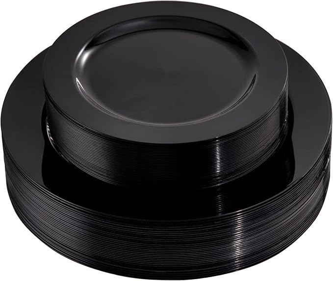 FLOWERCAT 60PCS Black Plastic Plates - Heavy Duty Black Disposable Plates for 30 guests Halloween Party/Wedding/New Year - Include 30PCS 10.25inch Dinner Plates and 30PCS 7.5inch Dessert Plates-Ruum Studio Home