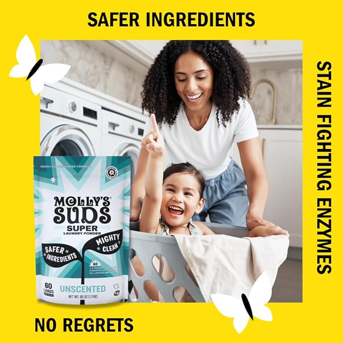 Molly's Suds Unscented Super Powder Detergent | Extra Strength Laundry Soap, Stain Fighting | Sensitive Skin | Simple, Effective Ingredients | 120 Loads Total (2 Pack)-Ruum Studio Home