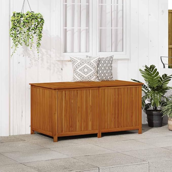 vidaXL Wooden Outdoor Storage Box with Gas-Lift Lid – Patio Deck Chest with Zippered Waterproof Bag for Garden Bench, Pool, Porch, Trunk, Cabinet, Teak Look – Brown, 59.1"x31.5"x29.5"-Ruum Studio Home