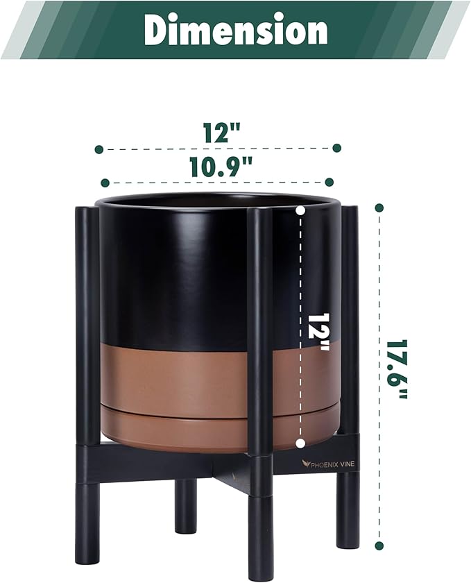 D'vine Dev Ceramic Planter with Ebony Stand - 12 Inch Modern Round Flower Pot with Wood Planter Holder, Black/Speckled Tan, 55-B-H-7-Ruum Studio Home