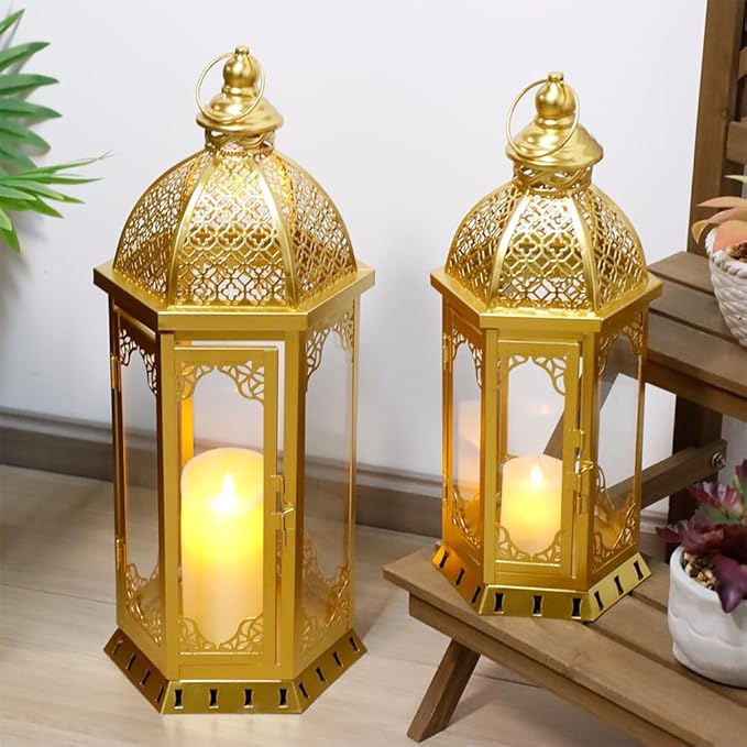 JHY DESIGN Set of 2 Outdoor Candle Lanterns 22"&17" H Decorative Vintage Metal Candle Holders for Garden Porch Indoor Outdoor Parties Weddings Patio Home Decor(Gold)-Ruum Studio Home