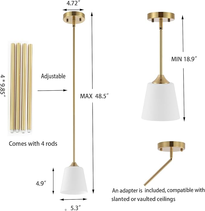Modern Gold Pendant Light 3 Pack Brushed Brass Mid Century Chandelier White Cylinder Glass Shades Adjustable Rods Farmhouse Ceiling Hanging Lighting Fixture Kitchen Island Dining Room Bedroom-Ruum Studio Home