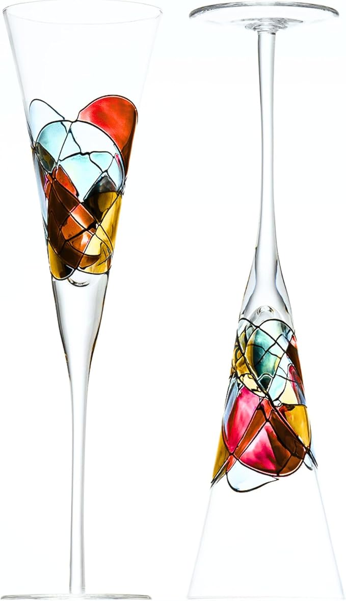 Victoria Barcelona Champagne Flute - 7.5 Oz Mouth-Blown Hand Painted, Antoni Gaudi & Murano Inspired Artistic Unique Gift Ideas Anniversary, Birthday, Weddings, Women & Men (2, Sagrada Red)-Ruum Studio Home