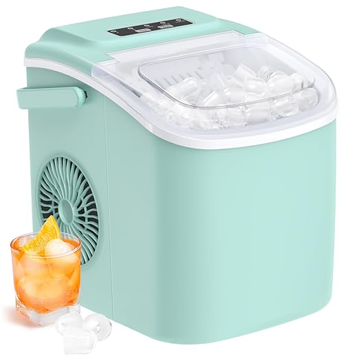 Silonn Countertop Ice Maker, 9 Cubes Ready in 6 Mins, 26lbs in 24Hrs, Self-Cleaning Ice Machine with Ice Scoop and Basket, 2 Sizes of Bullet Ice for Home Kitchen Office Bar Party, Green-Ruum Studio Home