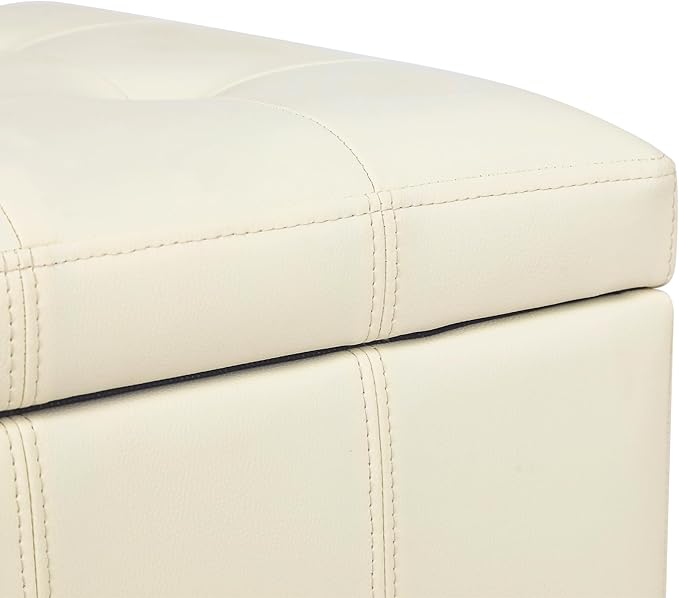 Adeco Faux Leather Storage Ottoman with Hinged Lid, 17.5 Inch High Cream White Square Cube Foot Stool with Storage, Upholstered Vanity Stool with Solid Wood Legs for Living Room, Bedroom, Dorm-Ruum Studio Home