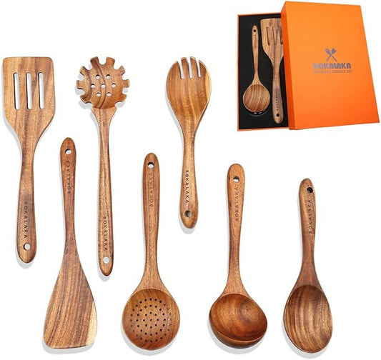 7-Piece Wooden Cooking Utensil Set - Teak Spatula and Spoons for Kitchen-Ruum Studio Home