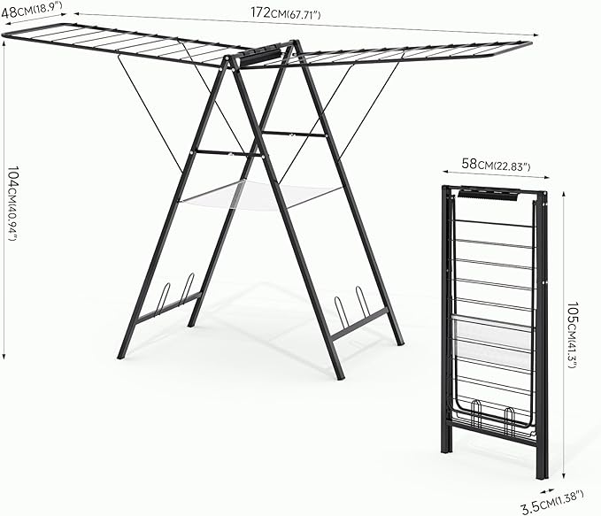 APEXCHASER Foldable Clothes Drying Rack, Metal Laundry Drying Rack Collapsible, Ultra Thin Clothes Rack for Sweater Bra Towel for Indoor & Outdoor Use, Height Adjustable Gullwing Clothes Airer, Black-Ruum Studio Home