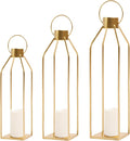 HPC DECOR Modern Farmhouse Lantern Decor- 22''19''16''Tall Large Gold Metal Candle Lanterns for Home Decor-Lanterns Decorative w/Timer Flickering Candles for Living Room,Outdoor,Fireplace Mantle Decor-Ruum Studio Home