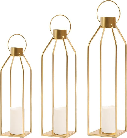 HPC DECOR Modern Farmhouse Lantern Decor- 22''19''16''Tall Large Gold Metal Candle Lanterns for Home Decor-Lanterns Decorative w/Timer Flickering Candles for Living Room,Outdoor,Fireplace Mantle Decor-Ruum Studio Home