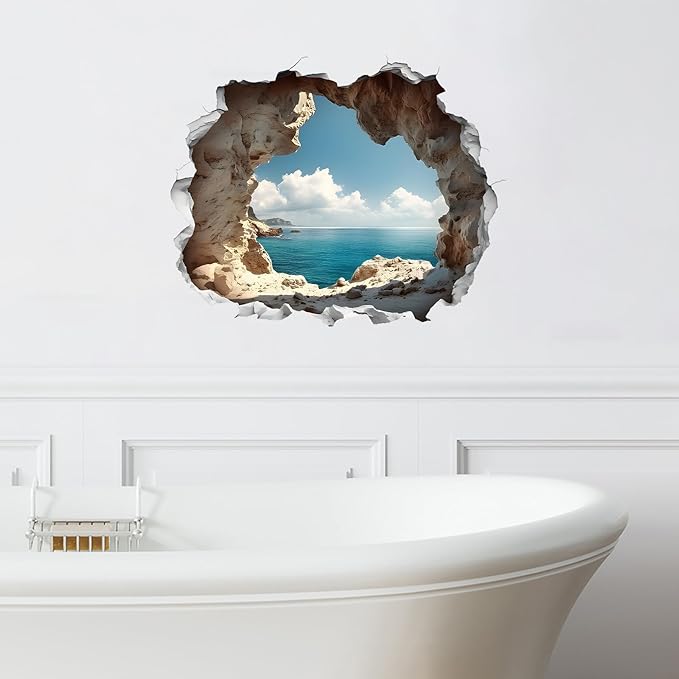 Cave by The Sea Wall Stickers for Living Room Large 3D Broken Wall Wall Decals Removable Peel and Stick Wall Art Home Decor Decoration for Bedroom Bathroom Classroom Library-Ruum Studio Home